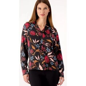 D &‎ Co. Long Sleeve Satiny Black Floral Notch Collar Buttoned Blouse Top 3X